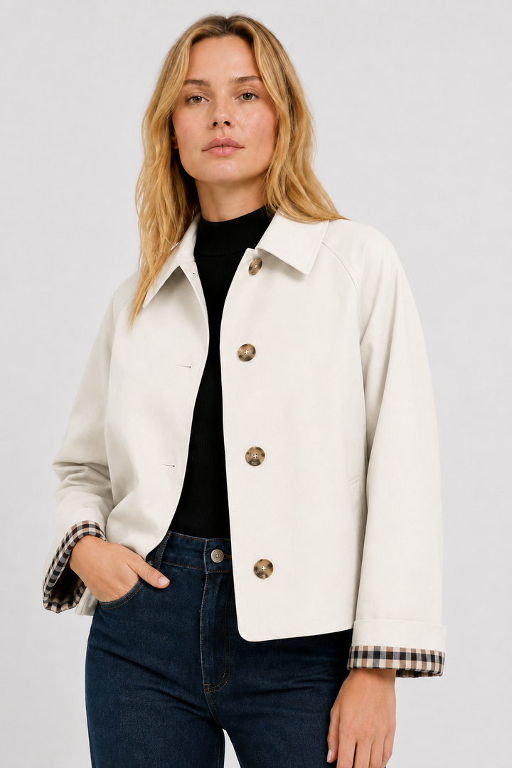 Women's trench jacket with pointed collar, button front and checked cuff lining
