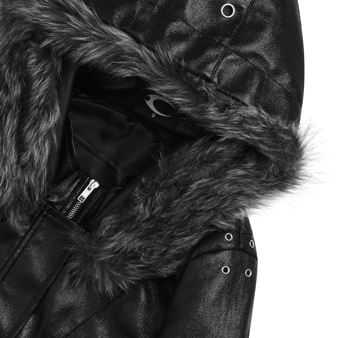 Black hooded jacket with fur-like trim, zip pockets and stud details