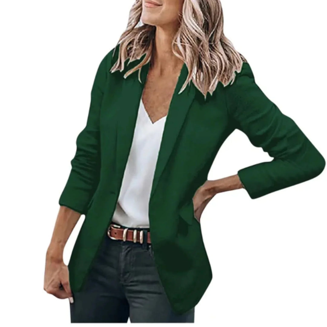 Women's open-front blazer with notched lapels and long sleeves
