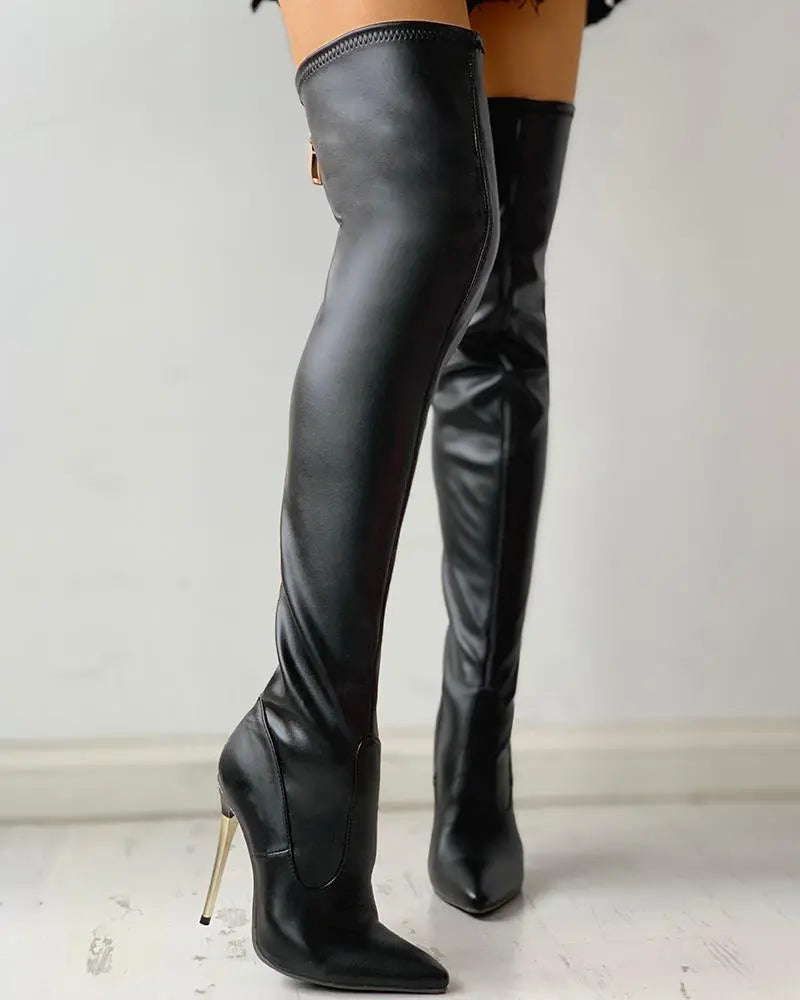 Black over the knee boots with gold-tone zippers and high stiletto heels