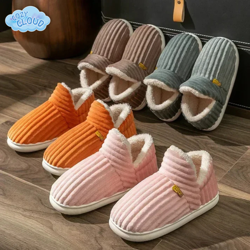 Ribbed plush-lined slip-on slippers with round toes and flat white soles