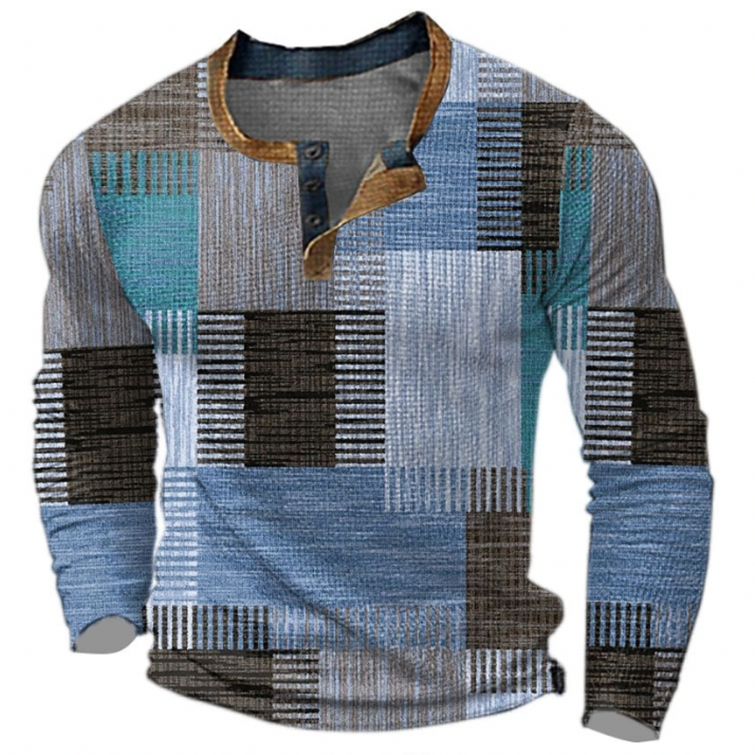 Men's long-sleeve geometric patchwork sweater with button placket