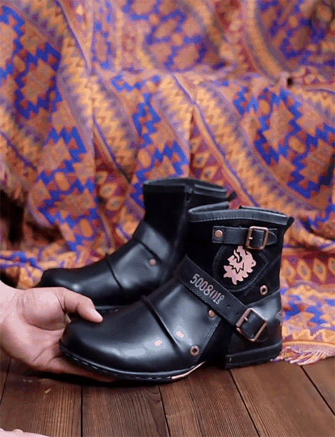 Men's biker ankle boots with buckle straps, round toes and side emblems