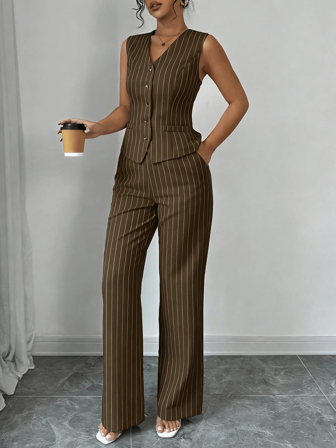 Women's pinstripe sleeveless vest and wide-leg trouser set with V-neck and button front