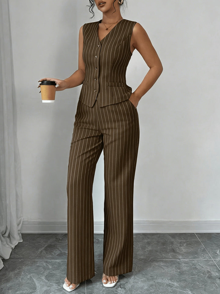Women's pinstripe sleeveless vest and wide-leg trouser set with V-neck and button front