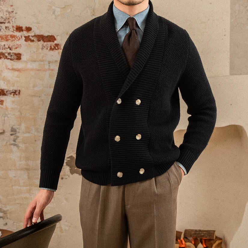 Men's textured knit cardigan with shawl collar and button front
