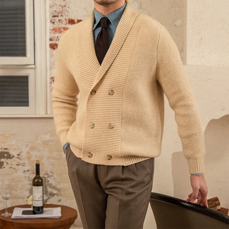 Men's textured knit cardigan with shawl collar and button front