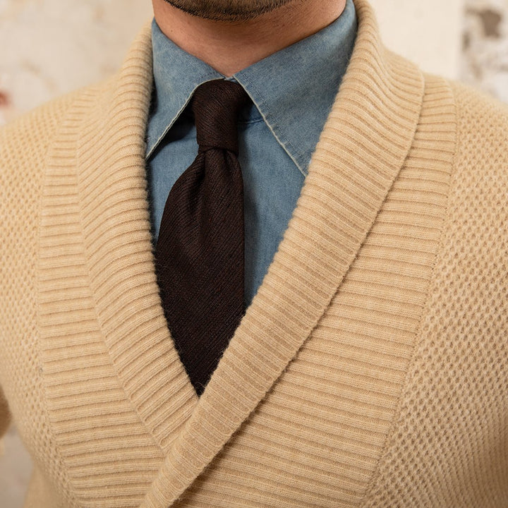 Men's textured knit cardigan with shawl collar and button front