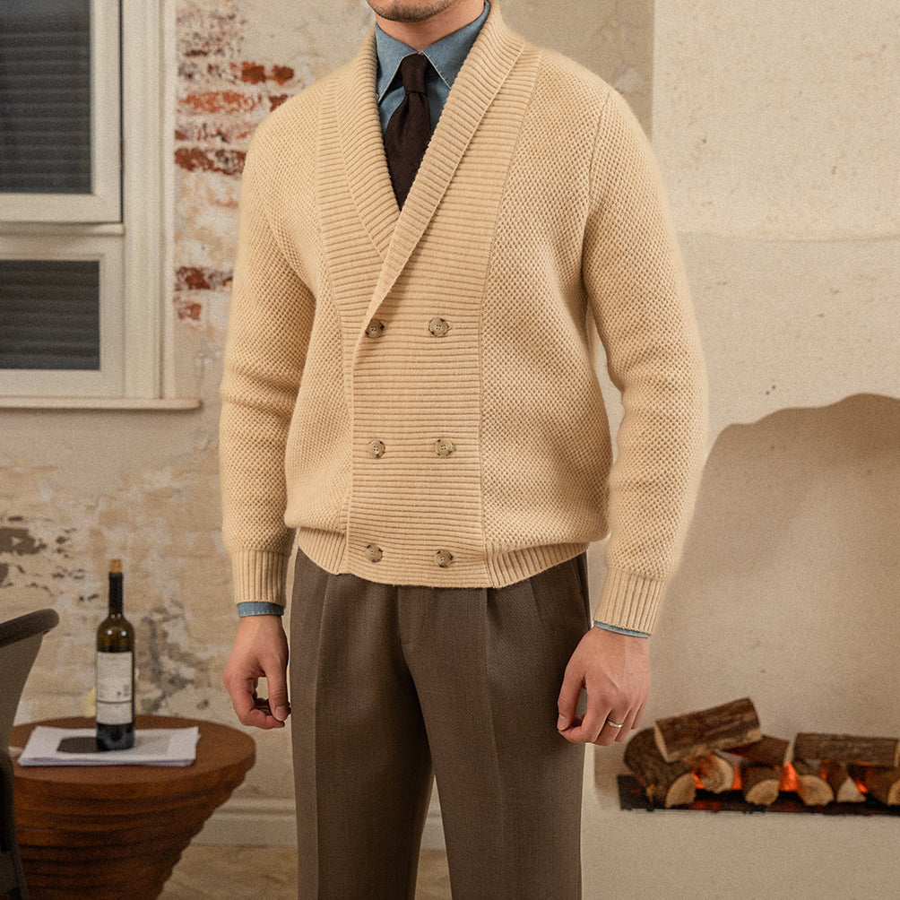 Men's textured knit cardigan with shawl collar and button front