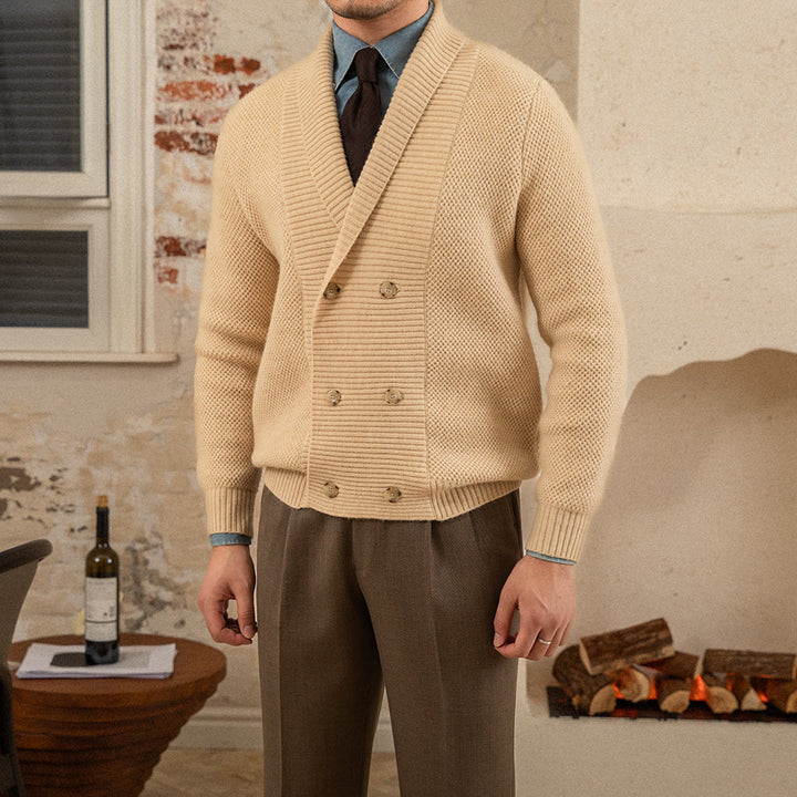 Men's textured knit cardigan with shawl collar and button front