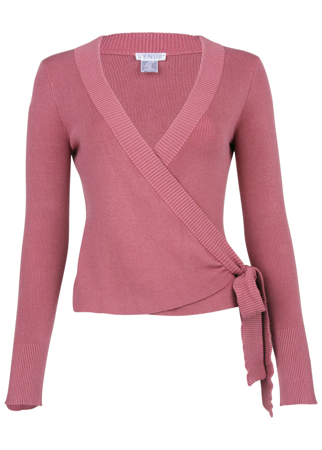 Women's pink ribbed wrap sweater with V-neck and side tie waist
