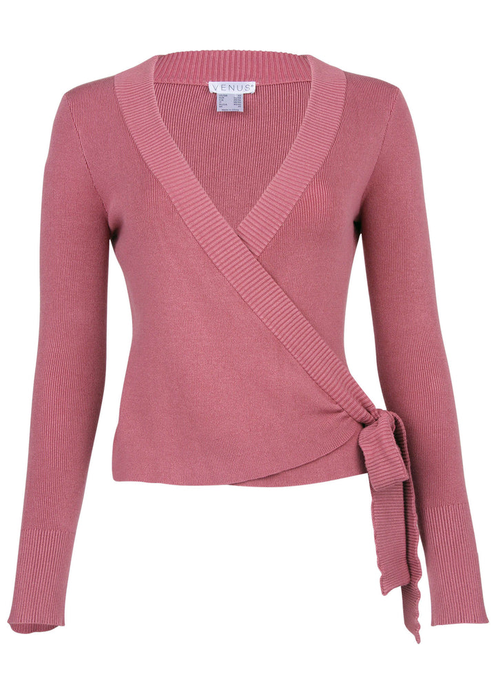 Women's pink ribbed wrap sweater with V-neck and side tie waist