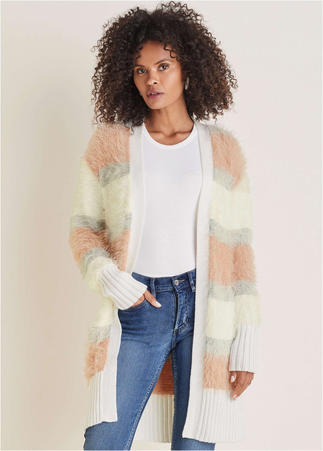 Women's open-front striped longline cardigan with long sleeves