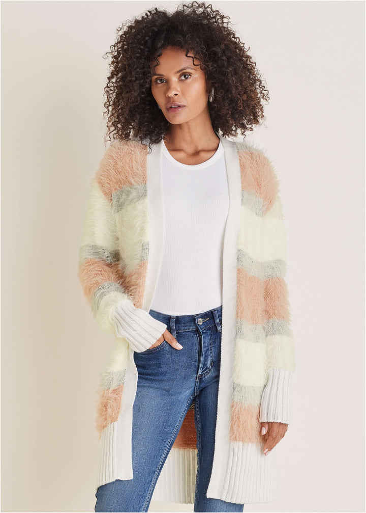 Women's open-front striped longline cardigan with long sleeves