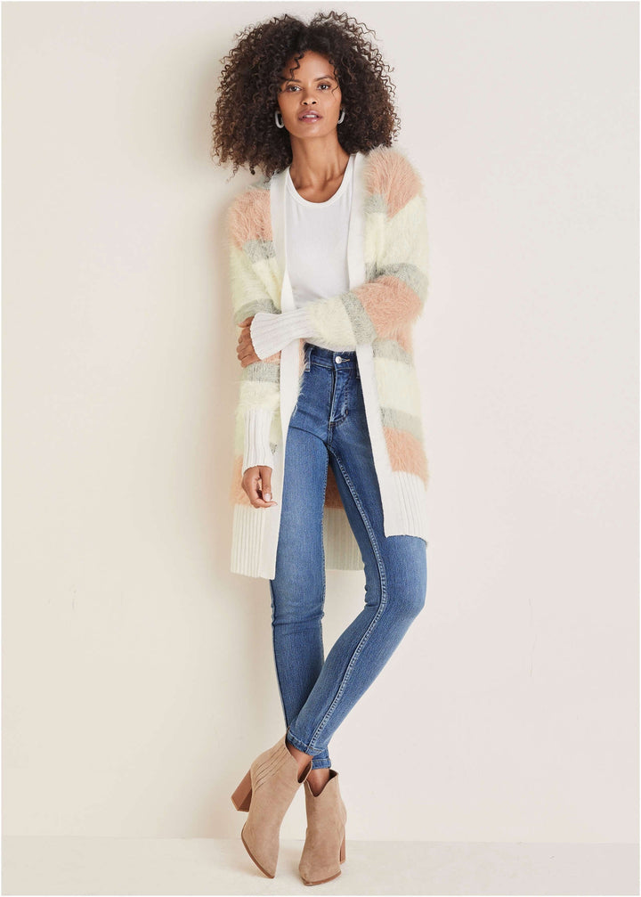 Women's open-front striped longline cardigan with long sleeves