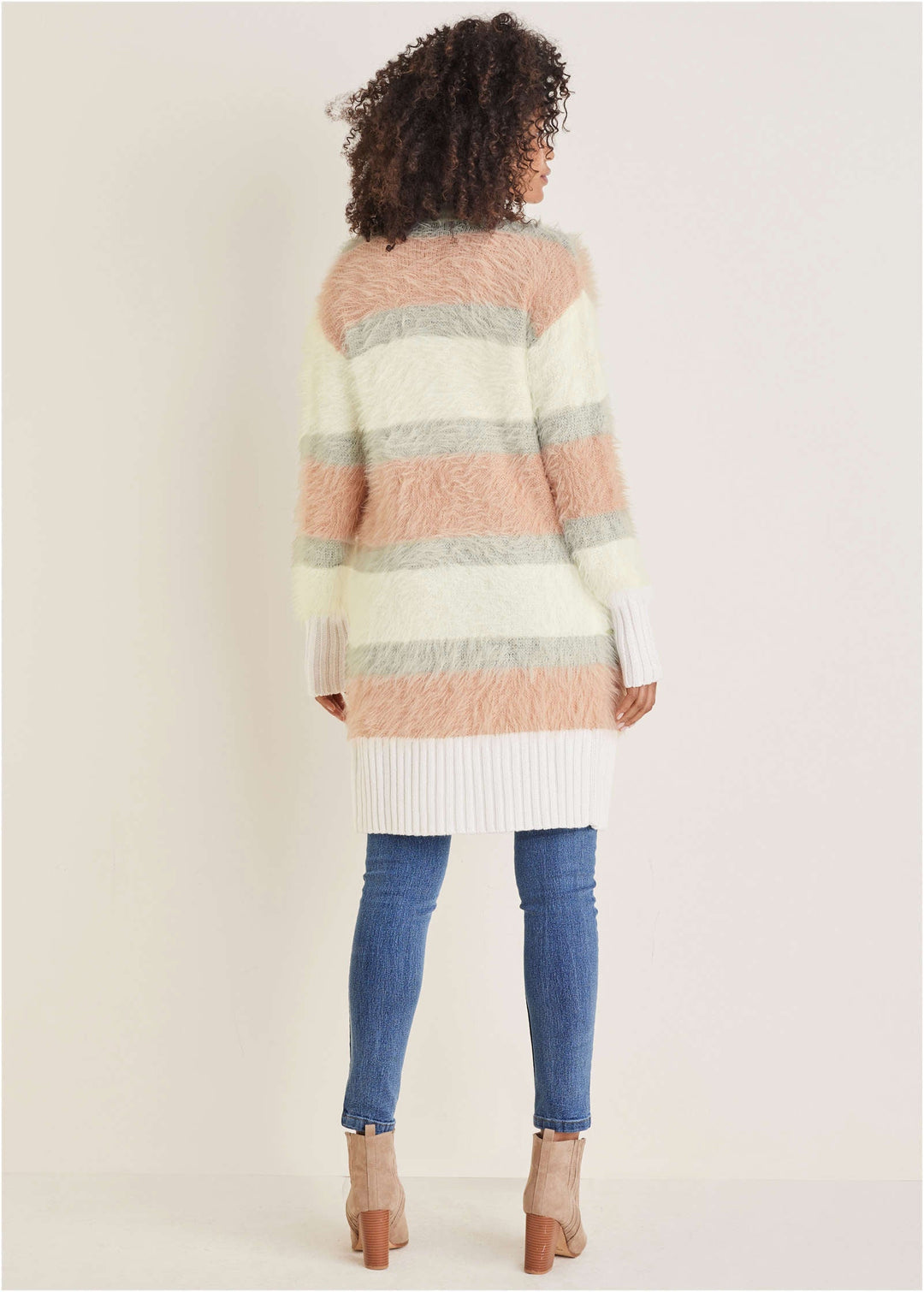 Women's open-front striped longline cardigan with long sleeves