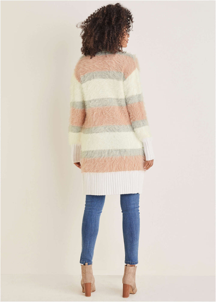 Women's open-front striped longline cardigan with long sleeves
