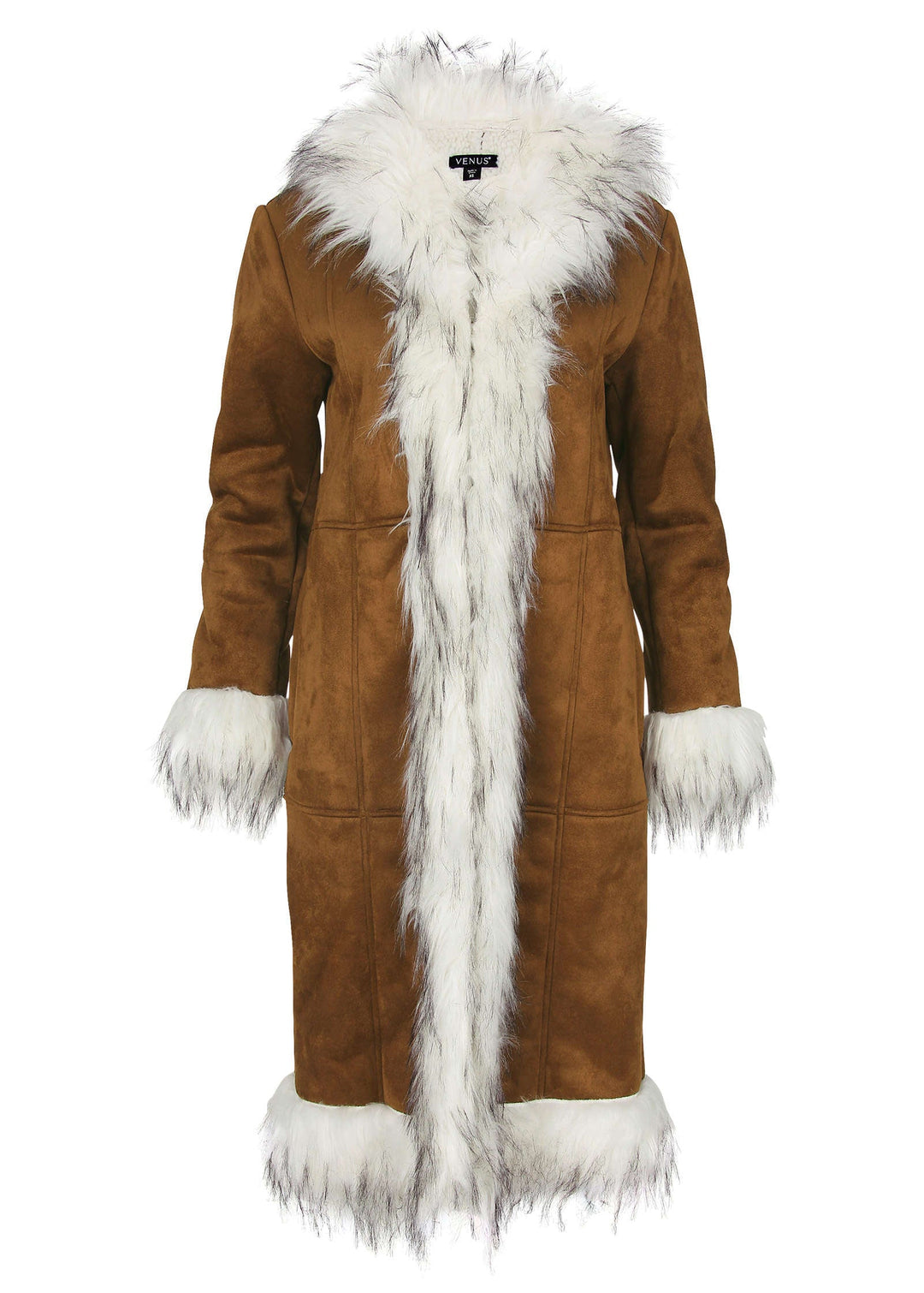 Women's long brown coat with light fluffy trim, long sleeves and lower front pockets
