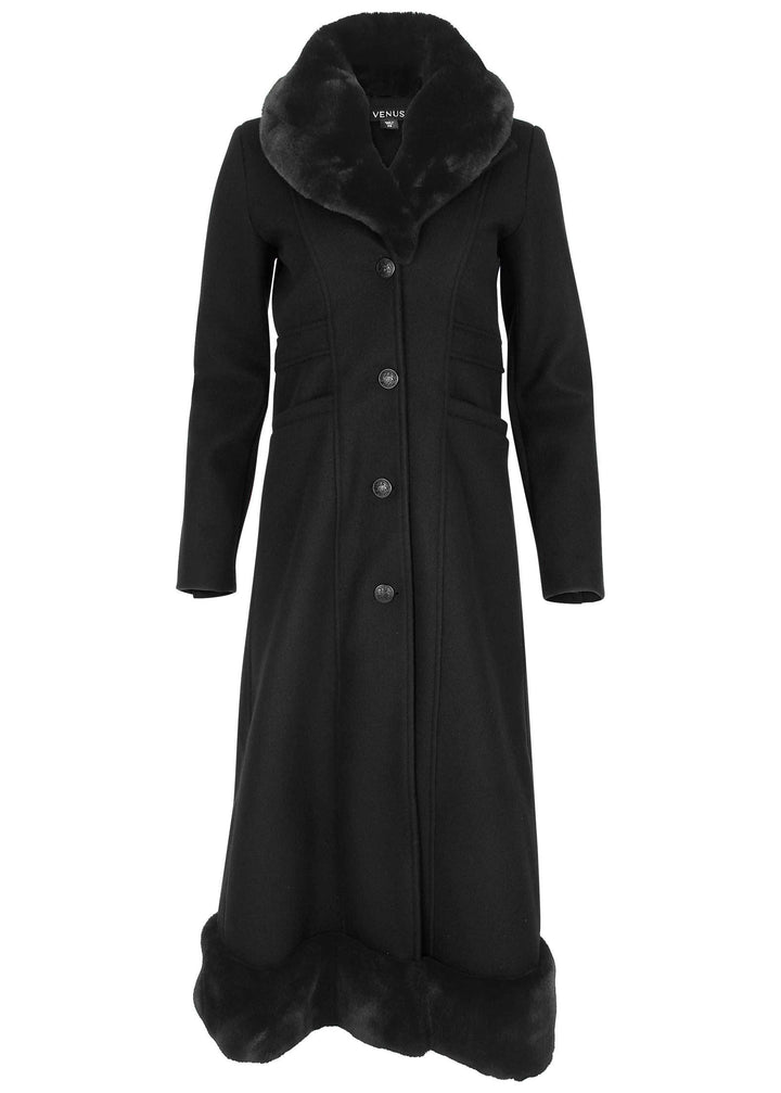 Women's black long coat with faux-fur collar and hem