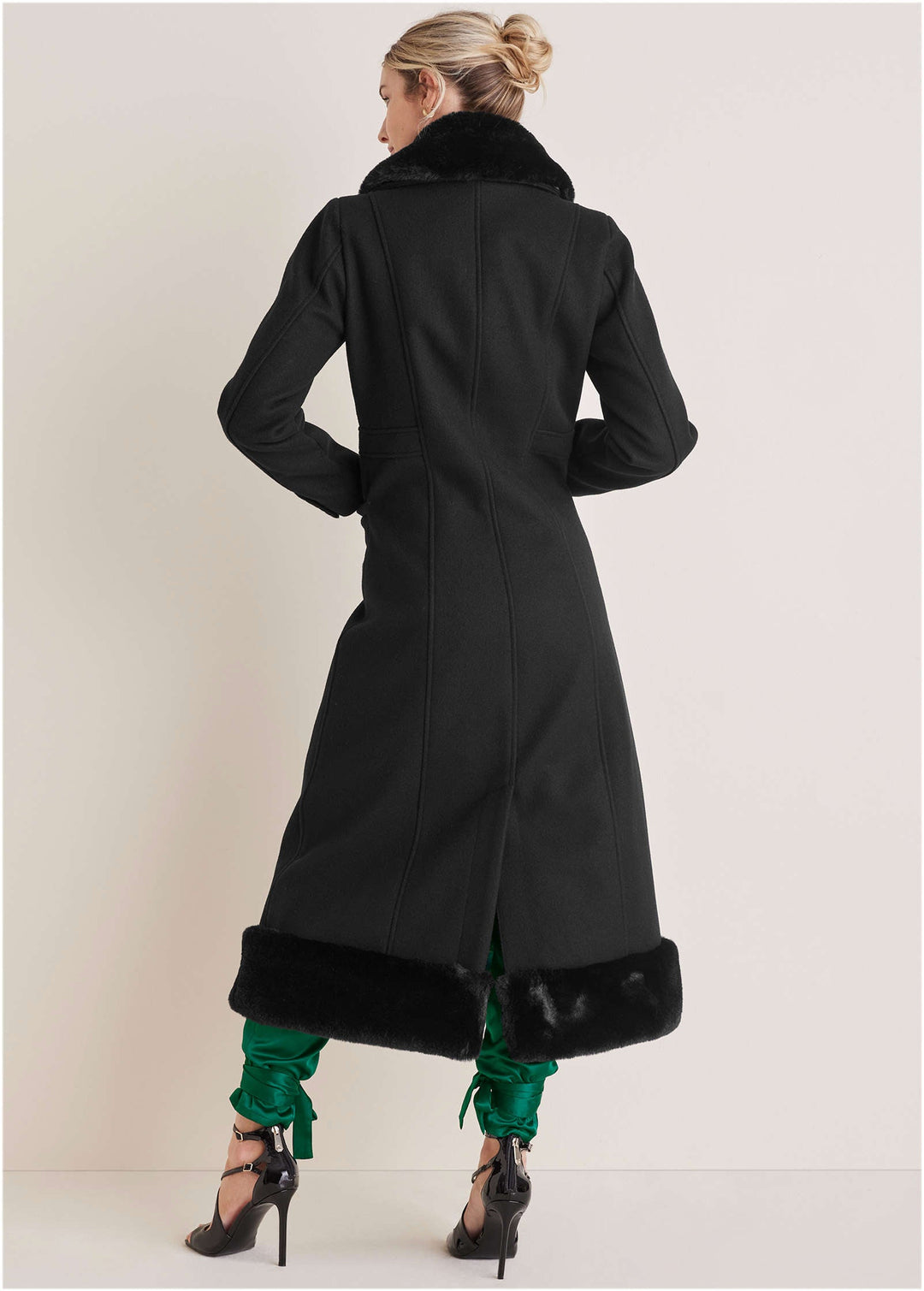 Women's black long coat with faux-fur collar and hem