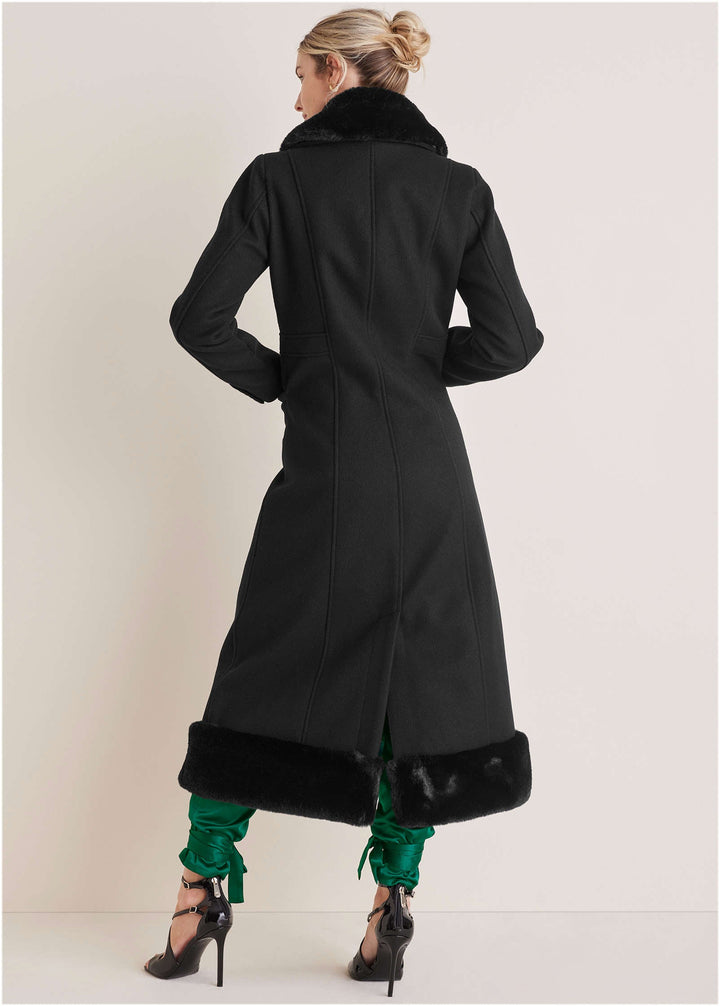 Women's black long coat with faux-fur collar and hem