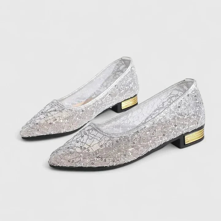 Dahlia | Women's Lace Pointed Toe Flats Gold Heel Detail