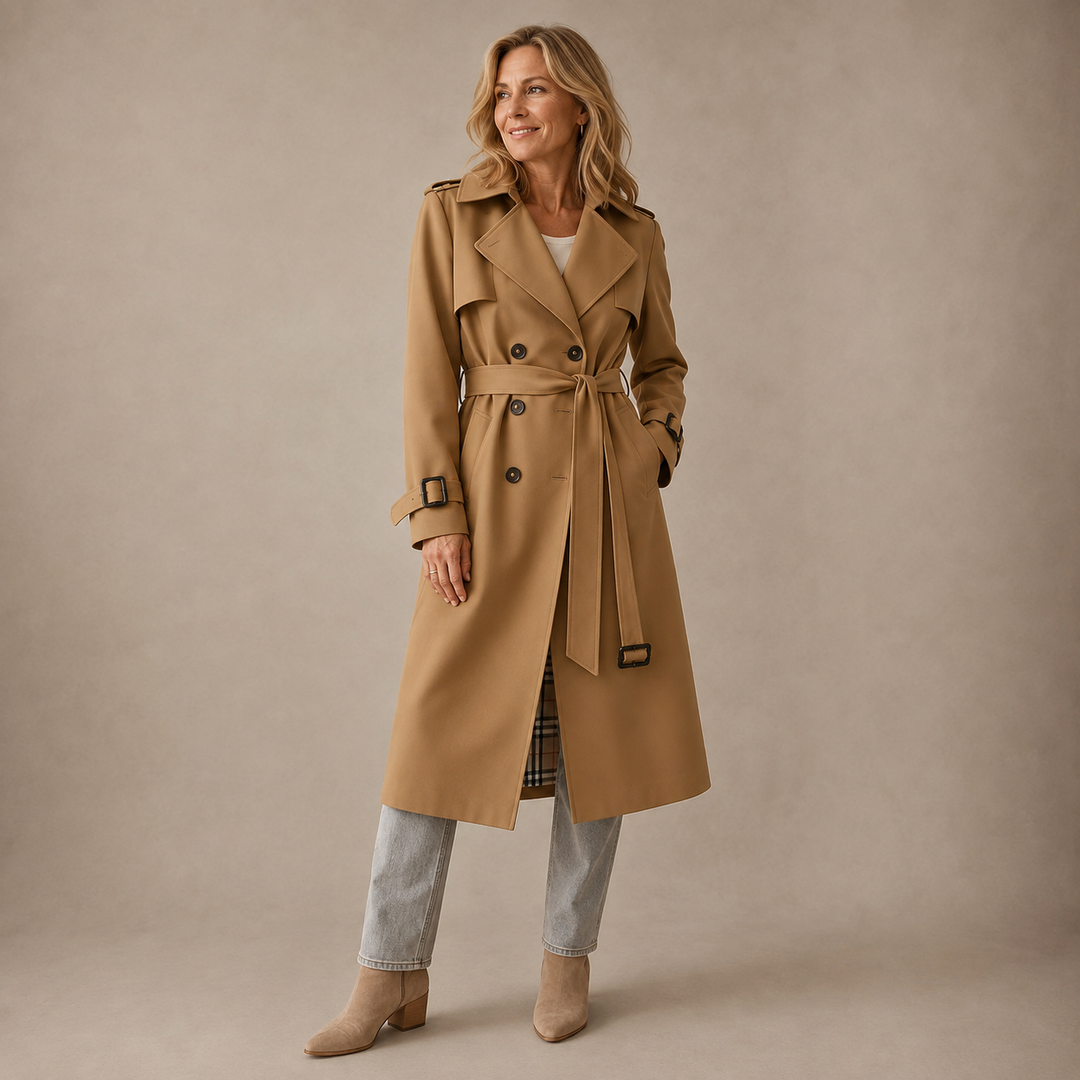Women's double-breasted trench coat with belt and checked lining