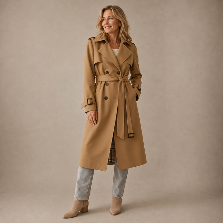 Women's double-breasted trench coat with belt and checked lining