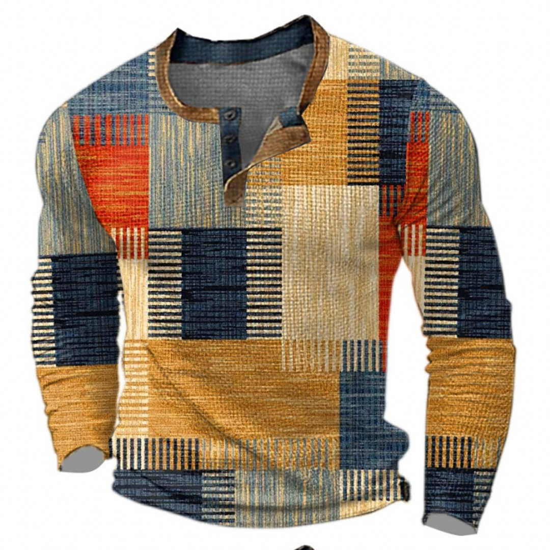 Men's long-sleeve geometric patchwork sweater with button placket