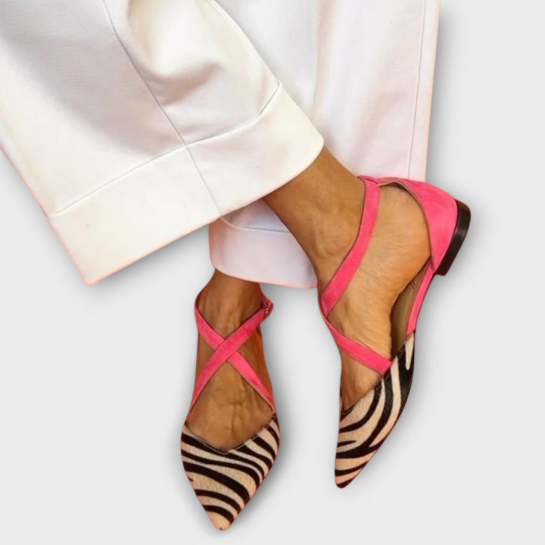Women's pointed heels with cross straps and zebra pattern