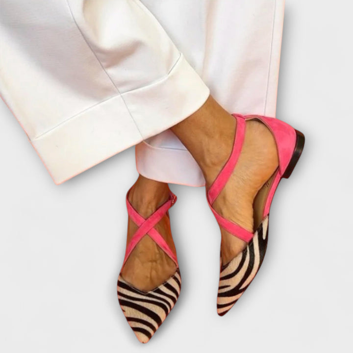 Women's pointed heels with cross straps and zebra pattern