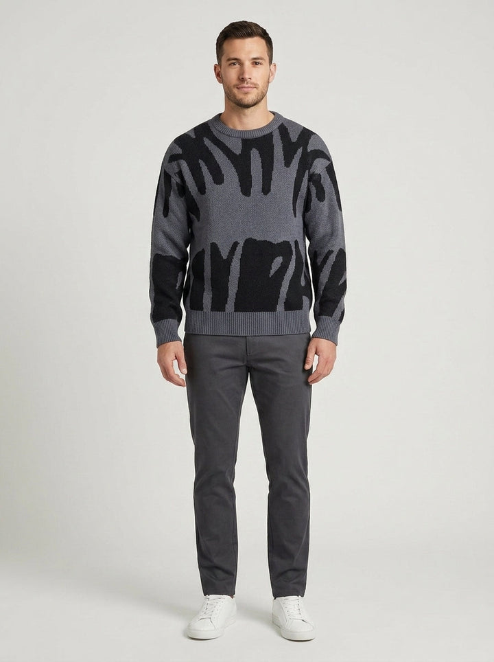 Men's abstract pattern crew neck sweater with long sleeves and ribbed trims