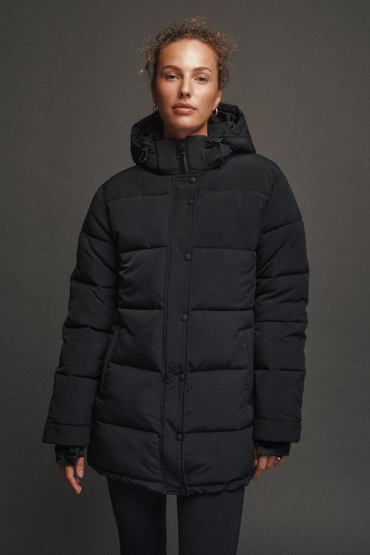 Black women's quilted hooded puffer jacket with long sleeves