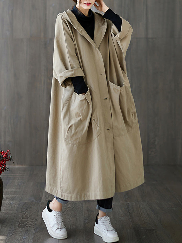 Women's long hooded trench coat with rolled sleeves and large front pockets