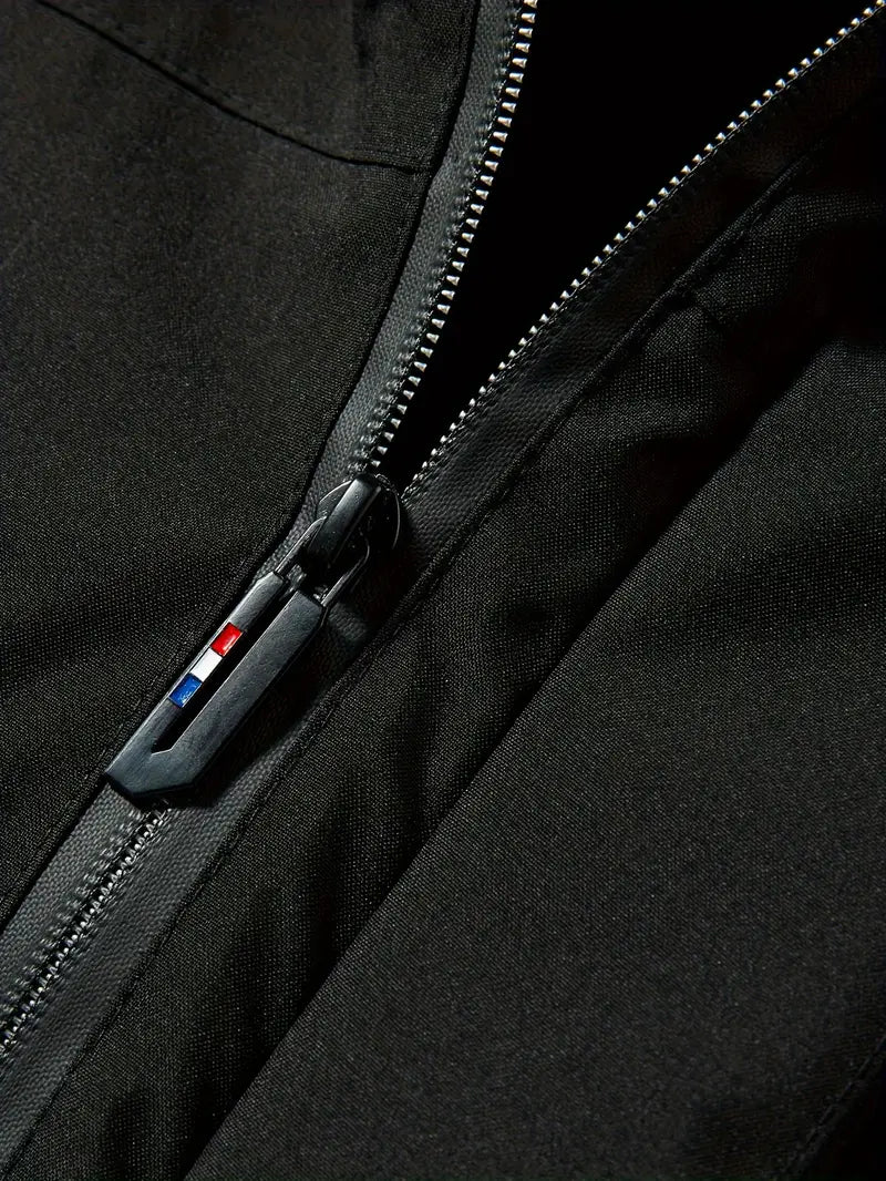 Men's hooded parka jacket with zip front and multiple flap pockets