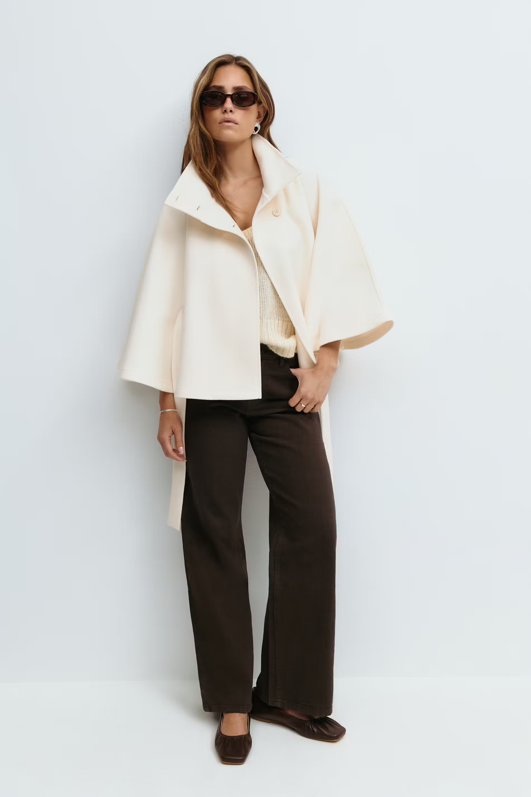 Women's belted cape jacket with high collar and wide sleeves