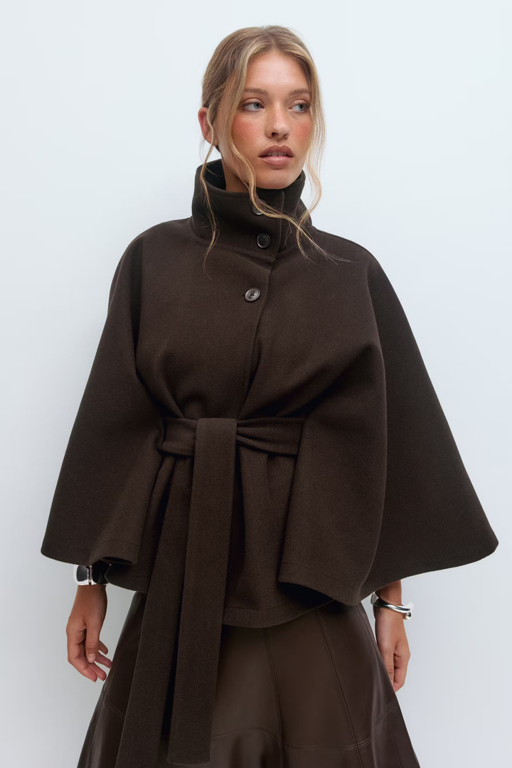 Women's belted cape jacket with high collar and wide sleeves
