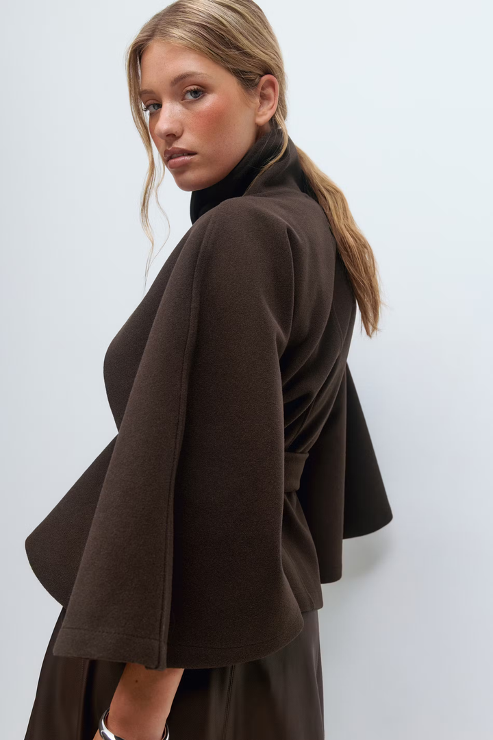 Women's belted cape jacket with high collar and wide sleeves