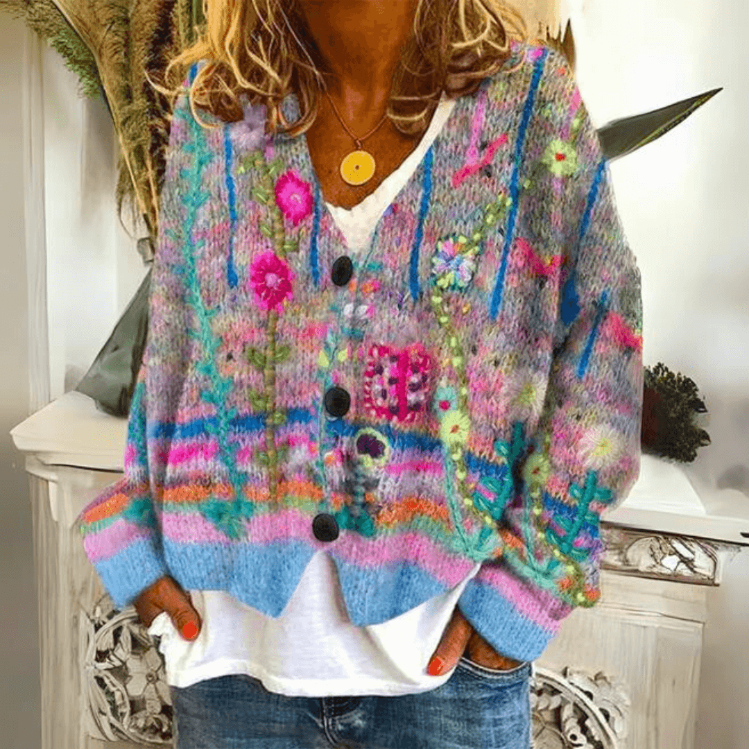 Women's multicoloured floral V-neck button cardigan with long sleeves
