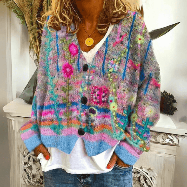 Women's multicoloured floral V-neck button cardigan with long sleeves