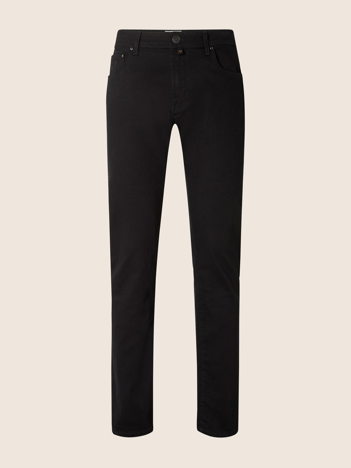 Men's black slim five-pocket jeans with button and zip fly