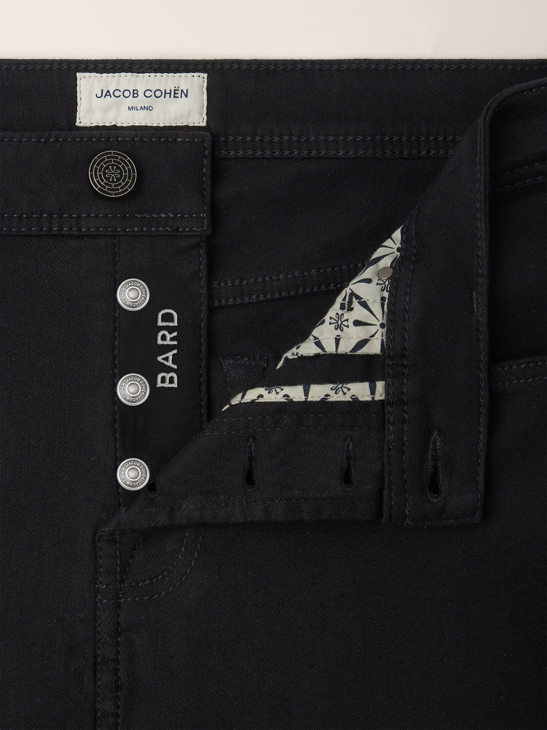 Men's black slim five-pocket jeans with button and zip fly