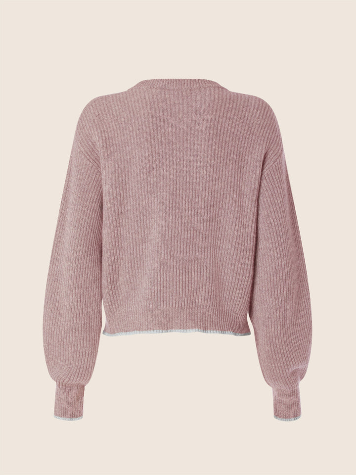 Women's pink ribbed crew neck cropped sweater with long sleeves