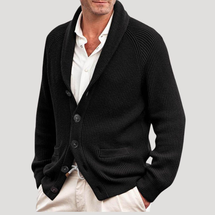 Men's ribbed knit cardigan with shawl collar, button front and front pockets