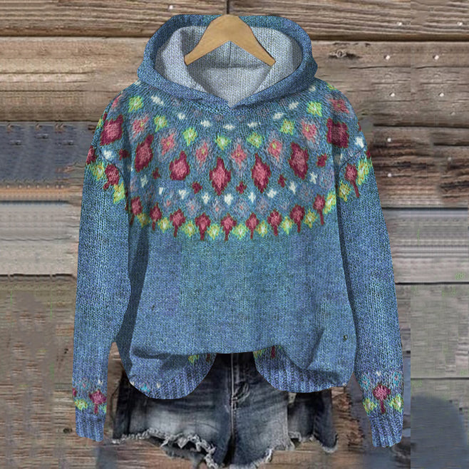 Women's geometric patterned hooded knit hoodie with long sleeves