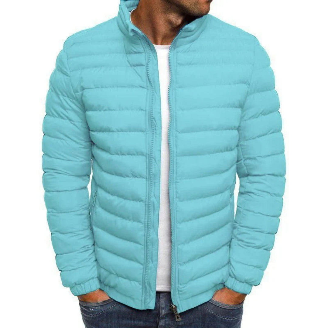 Men's quilted puffer jacket with high collar, long sleeves and zipped pockets