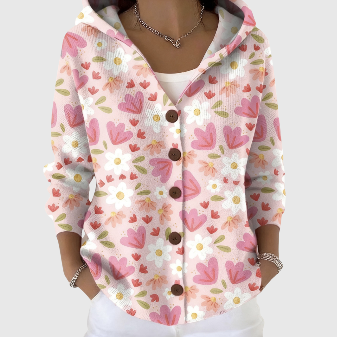 Women's pink floral hooded cardigan with buttons and front pockets