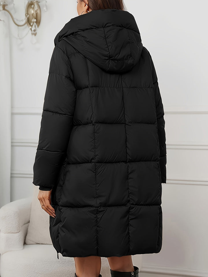 Women's long quilted hooded puffer jacket with zip front