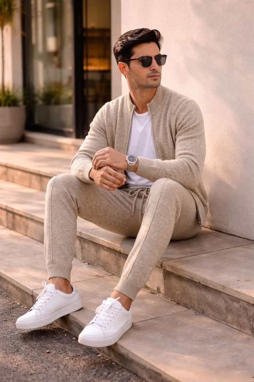 Men's beige knit cardigan and jogger set with zip front and drawstring trousers