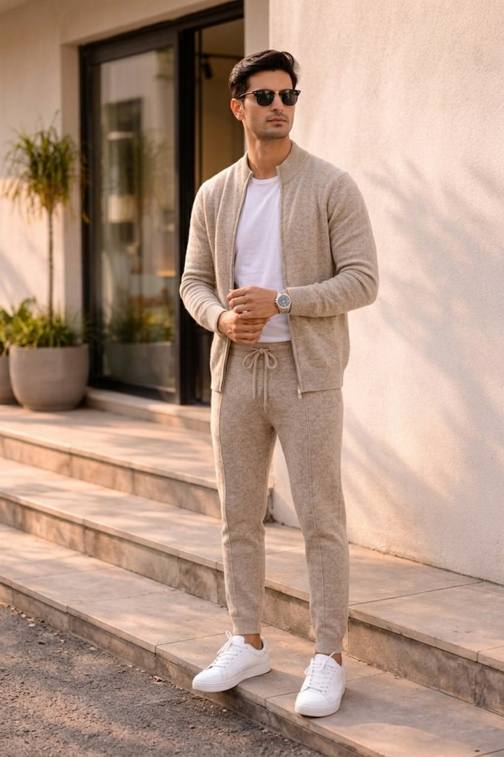 Men's beige knit cardigan and jogger set with zip front and drawstring trousers